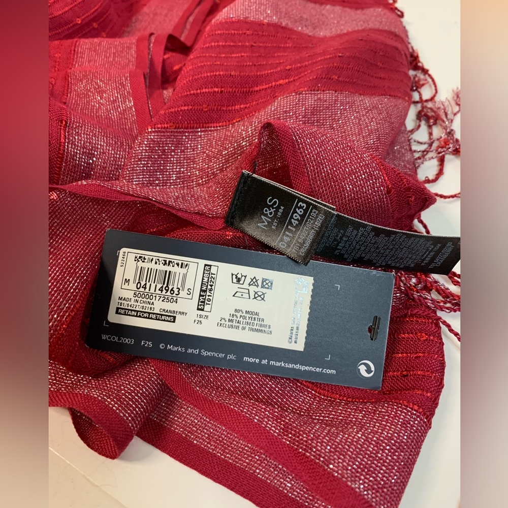 NWT Marks & Spencer lightweight scarf/shawl in a shimmery cranberry color. - Picture 2 of 5